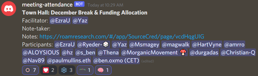 SourceCred meeting attendance bot message rendered in discord